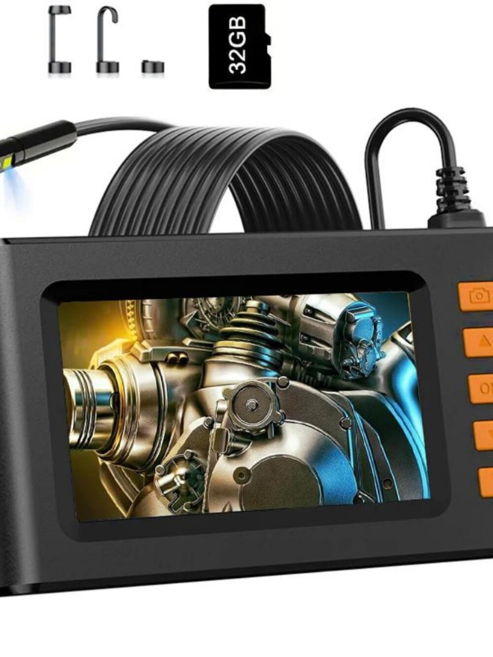 Dual-lens endoscope with 4.3-inch screen, 32GB memory card, lighted endoscope ca